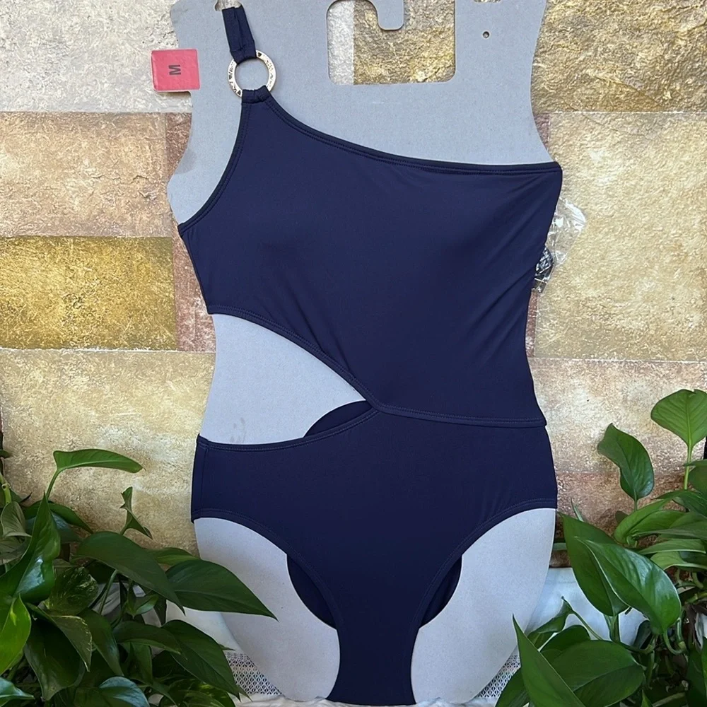 NEW Michael Kors One Shoulder O-Ring Blue Cut-Out One Piece Swimsuit, Size 10